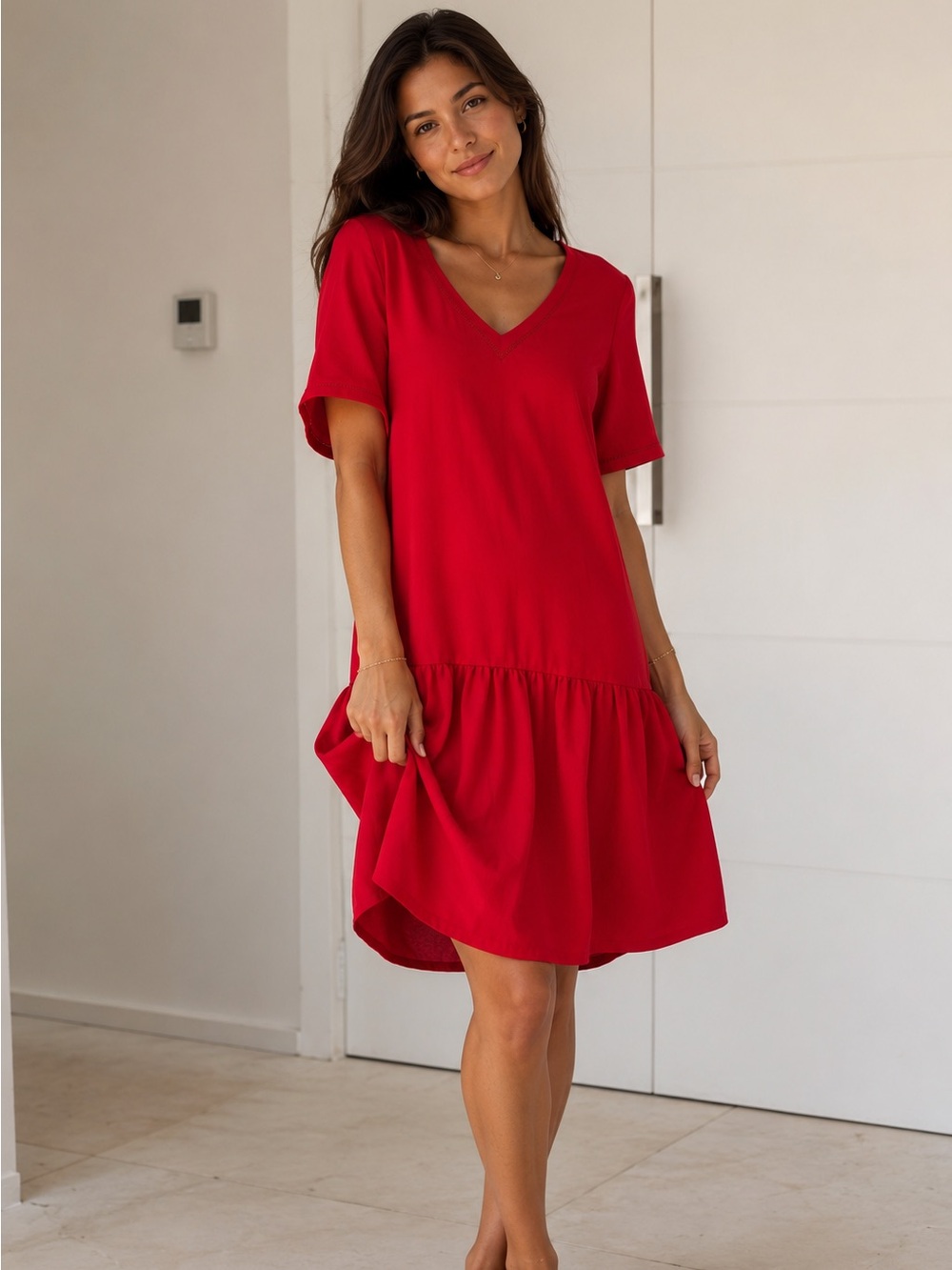 Gerard Darel Red V-Neck Ruffle-Hem Mini Dress